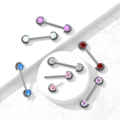 Titan Nippelpiercing Zirkonia Opal Silber Push-In