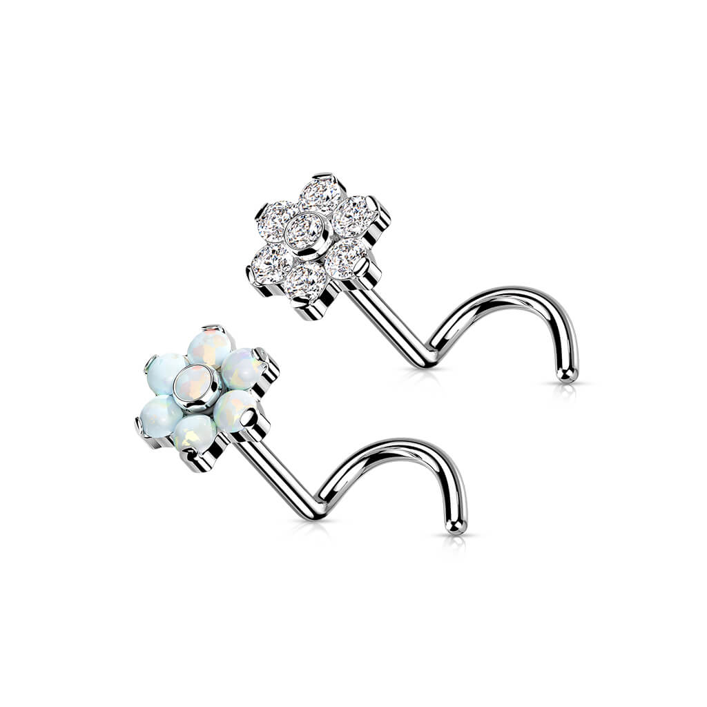 Titanium Nose Screw Flower Zirconia Opal Silver Push-In