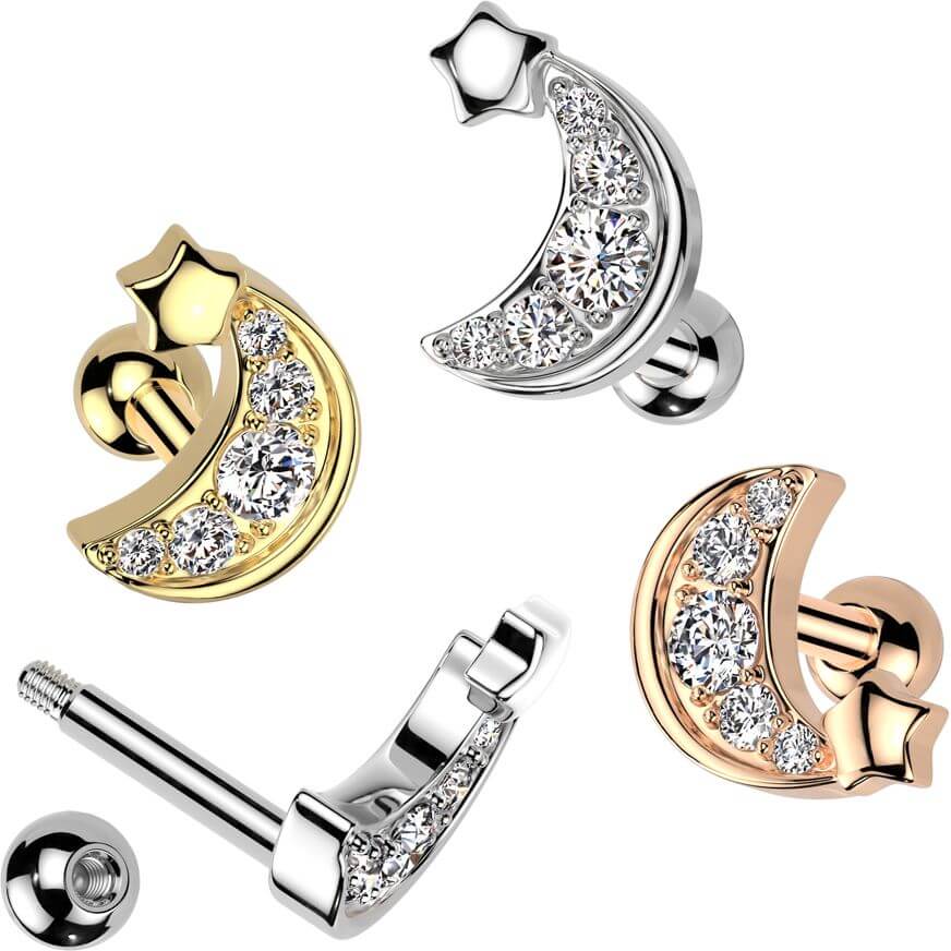 Barbell star crescent moon zirconia