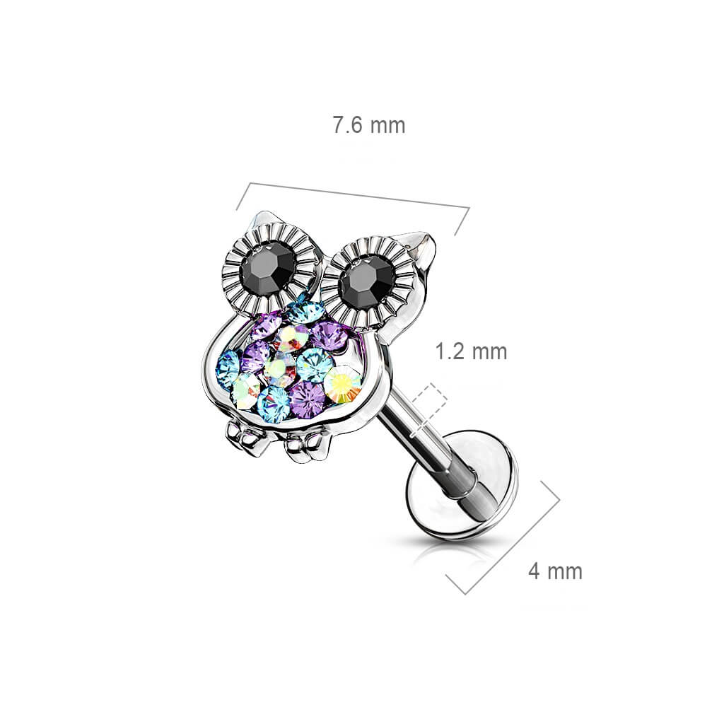 Labret Hibou Zircone Argent Filetage Interne