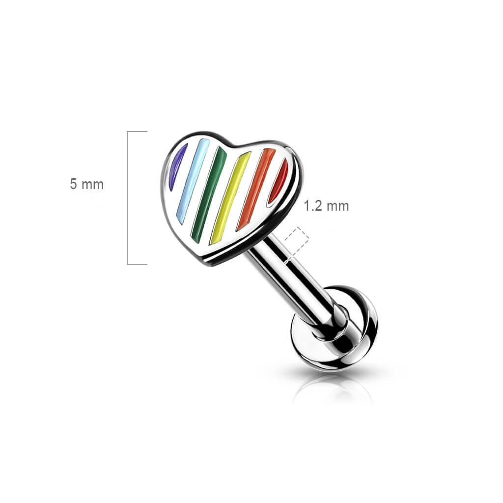 Labret Cuore piatto d´argento a strisce arcobaleno Filettatura Interna