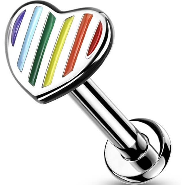 Labret Regenbogen Herz Flach Silber Innengewinde