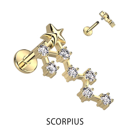 Labret Zodiac sign Zirconia Gold Internally Threaded