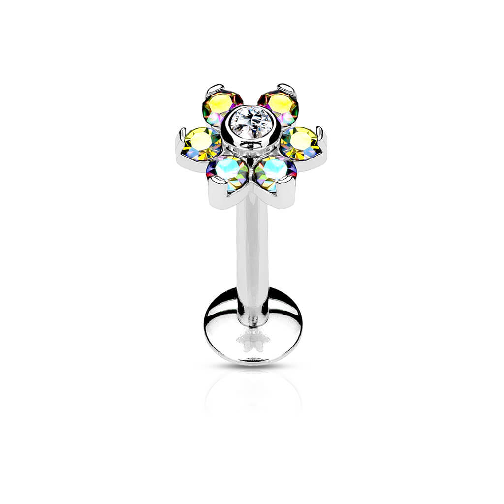 Labret Flower Zirconia Silver Internally Threaded