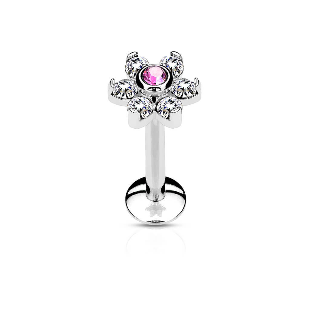 Labret Flower Zirconia Silver Internally Threaded