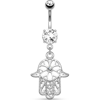 Piercing Ombelico Hamsa pendente di zirconi