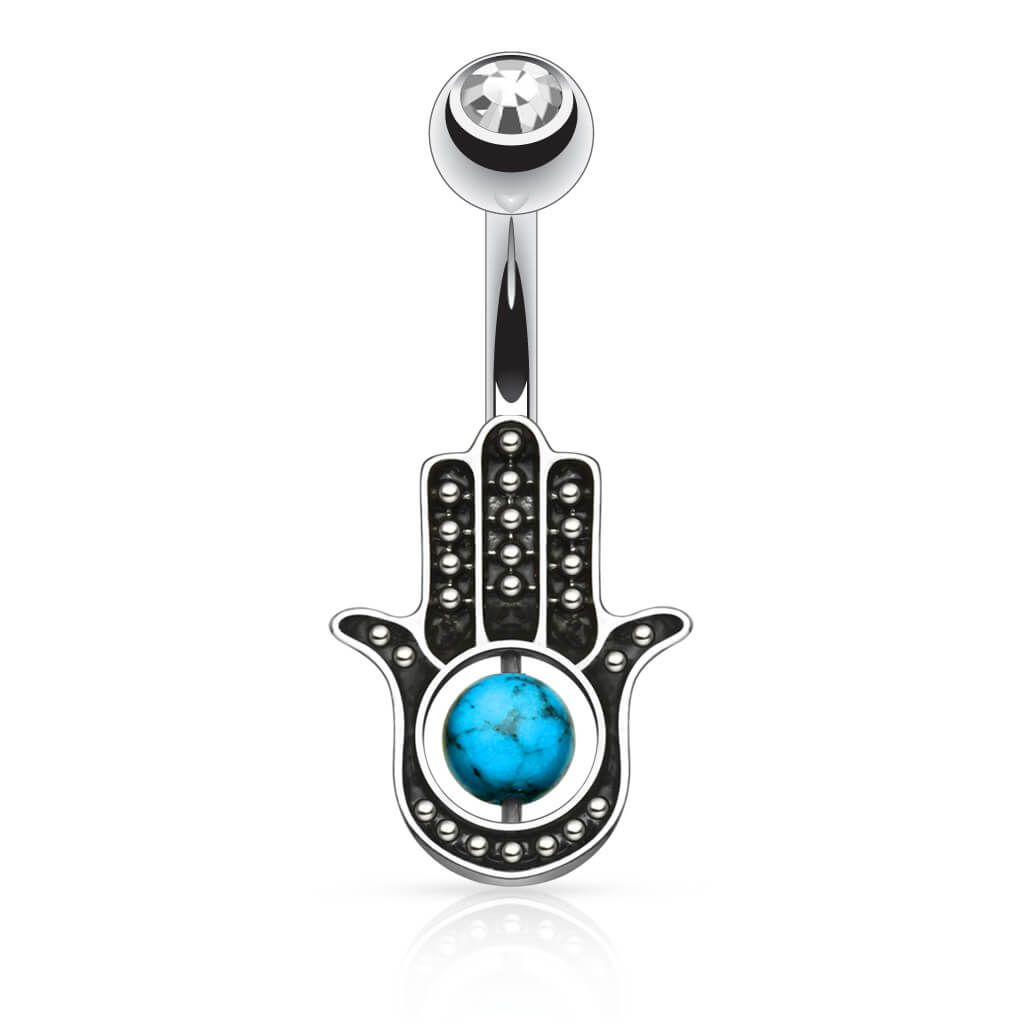 Piercing Ombelico Zircone con Hamsa e turchese