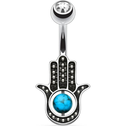 Piercing Ombelico Zircone con Hamsa e turchese