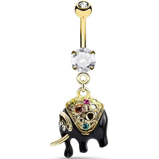 Piercing Ombelico Pendente elefante nero con zirconi