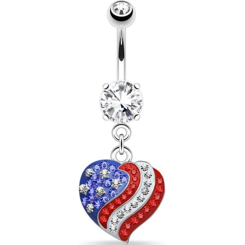 Piercing ombligo Corazón Bandera Americana Colgante Circonita Plata