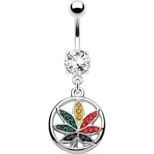 Piercing Nombril Pendentif Feuille De Chanvre Colorée Zircone