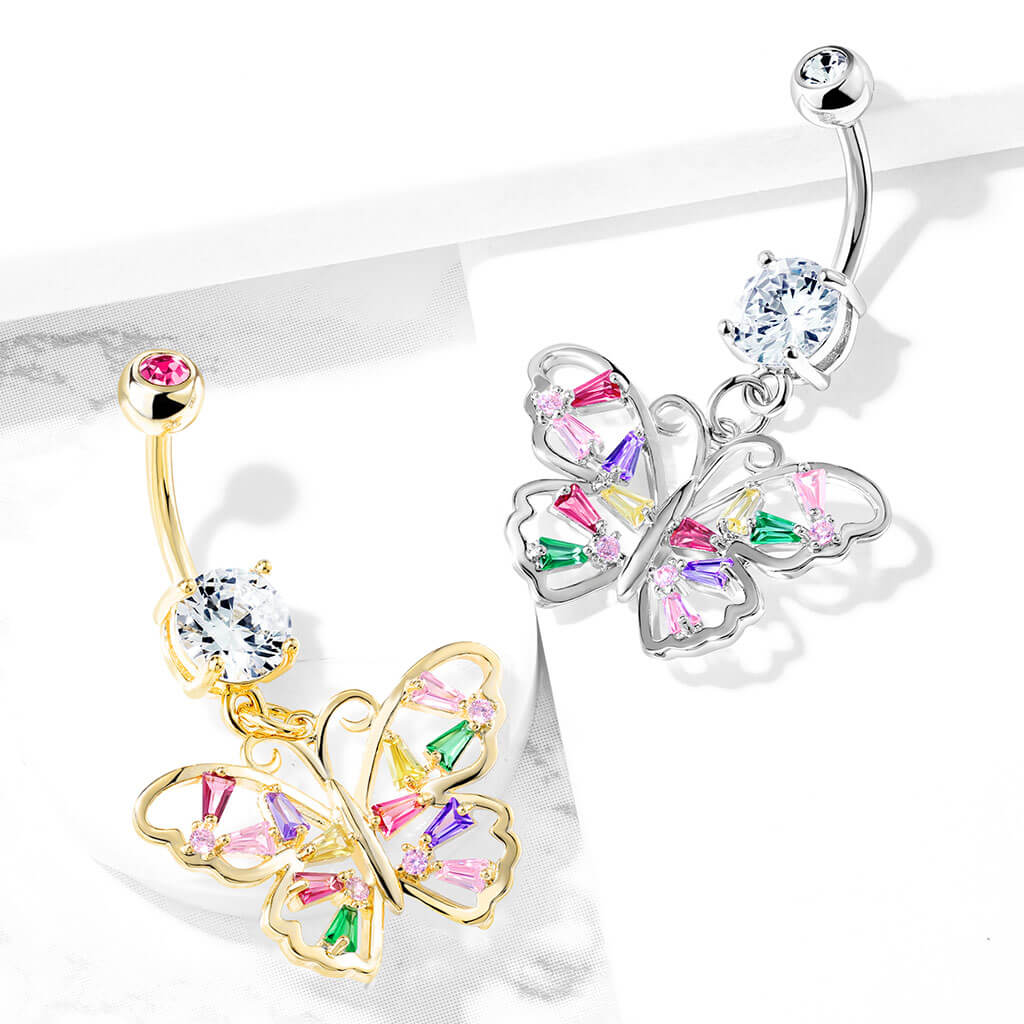 Piercing Nombril Pendentif Papillon Zircones Colorées