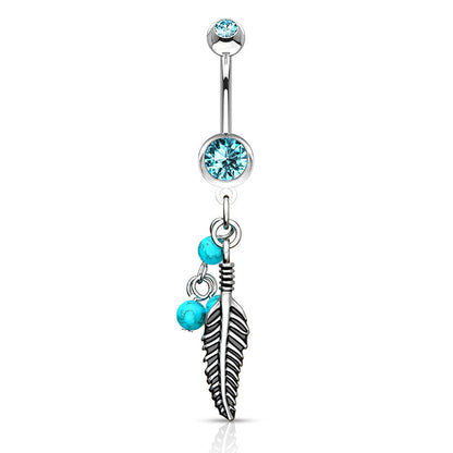 Piercing ombligo Pluma turquesa Piedra semipreciosa colgante Circonita Plata