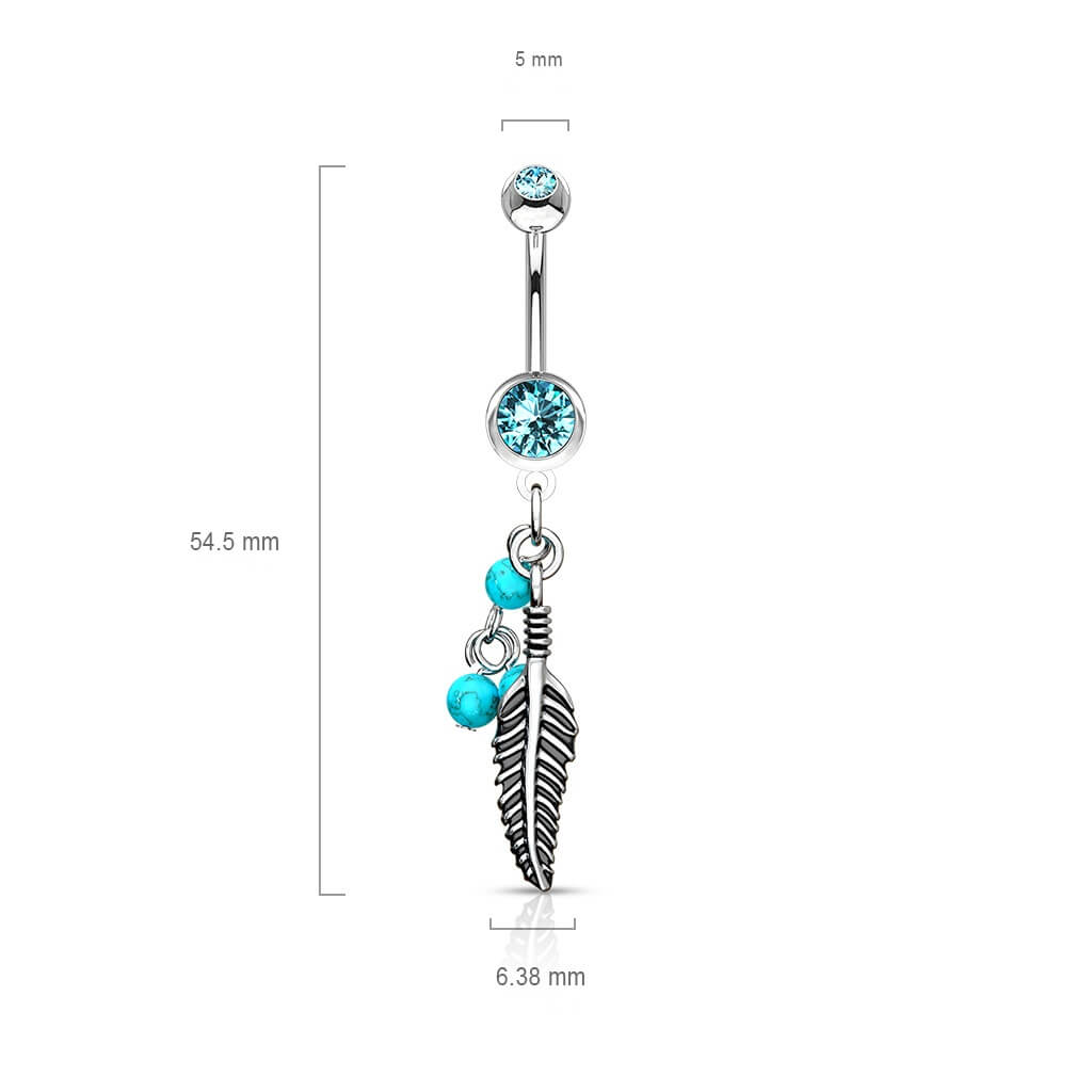 Belly Button Piercing Feather turquoise Semi-Precious Stone dangle Zirconia Silver