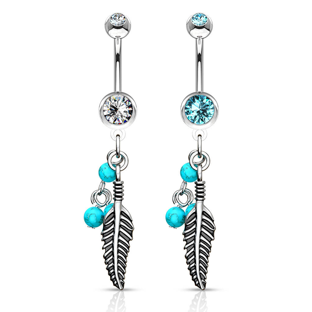 Belly Button Piercing Feather turquoise Semi-Precious Stone dangle Zirconia Silver