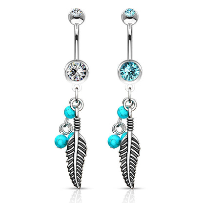 Piercing Nombril Pendentif Plume Turquoise Pierre Semi-Précieuse Zircone Argent