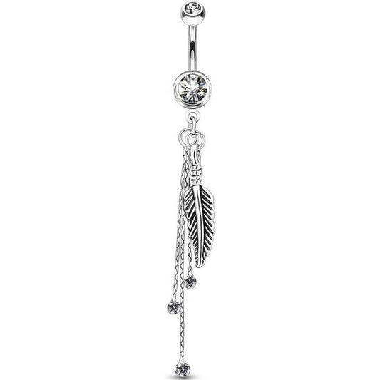 Piercing Nombril Pendentif Plume Zircone Argent