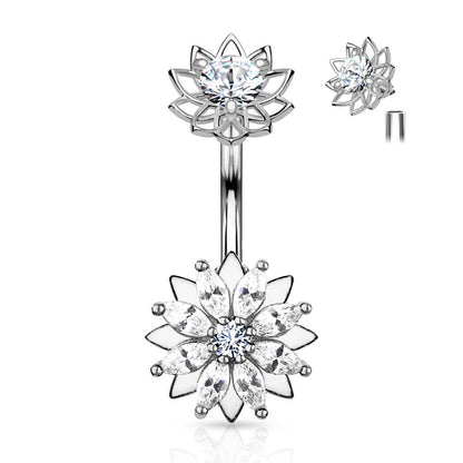 Piercing Nombril Fleur Zircone Filetage Interne