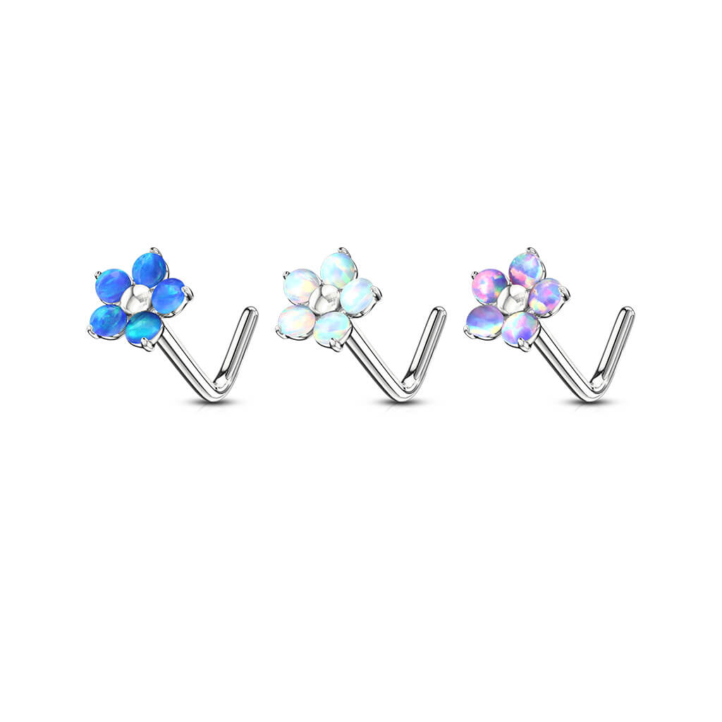 Nose L-Shape Flower Opal Silver