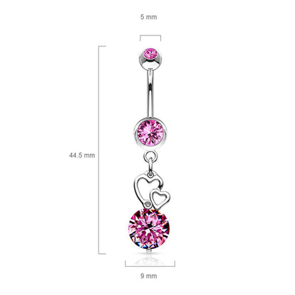 Piercing Ombelico Pendente a cuori in argento con zirconi