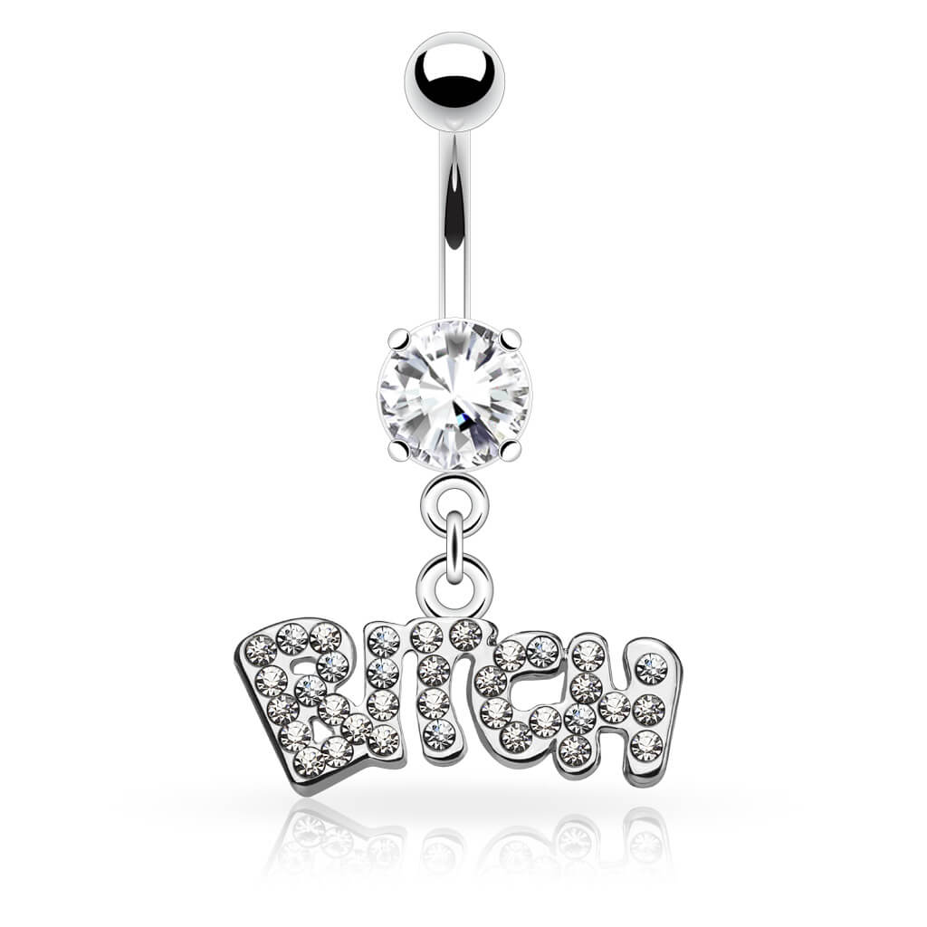 Piercing Ombelico Pendente scritta BITCH zirconi e argento