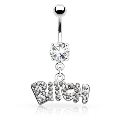 Piercing Ombelico Pendente scritta BITCH zirconi e argento