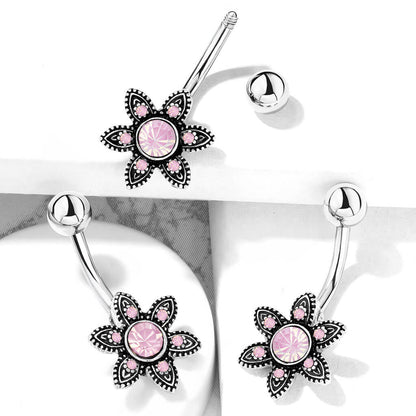 Belly Button Piercing Flower Opal Silver