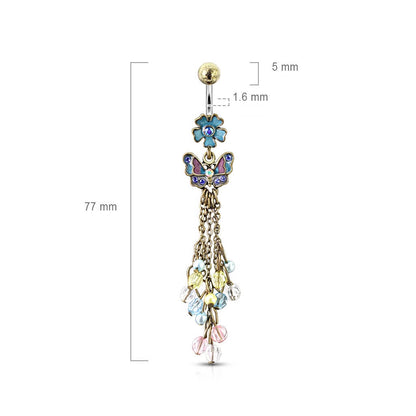 Belly Button Piercing Butterfly Flower dangle Zirconia Gold