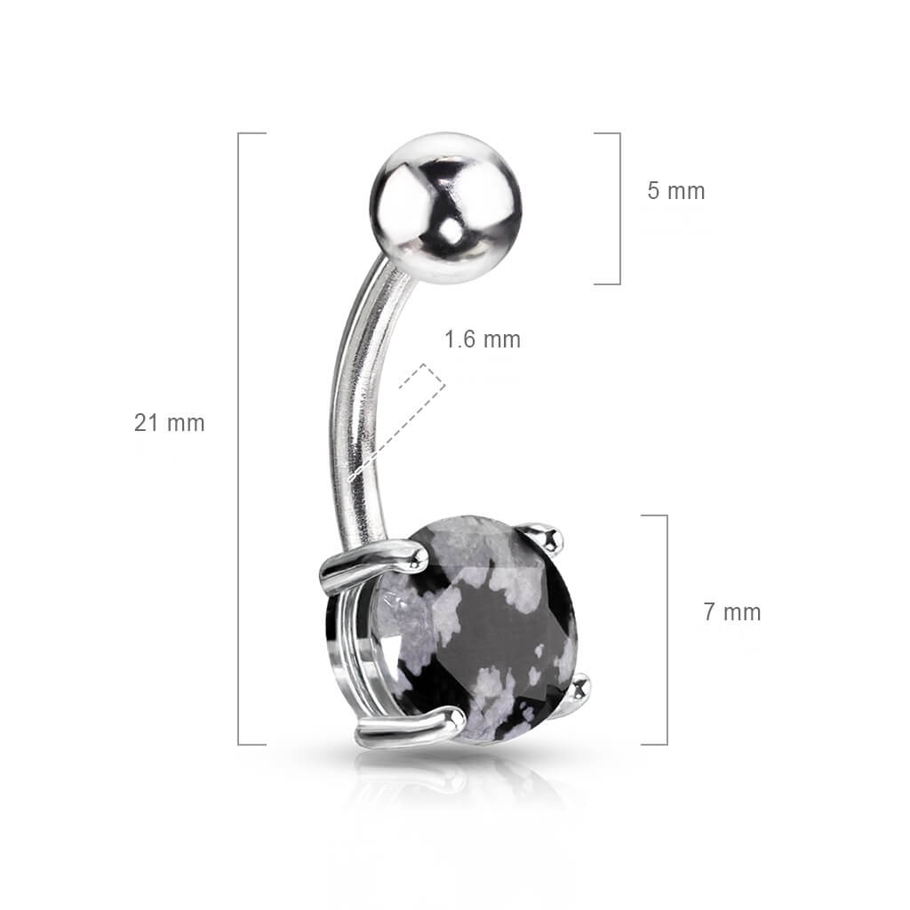 Piercing Nombril Pierre Semi-Précieuse Obsidienne Flocon de Neige Ronde