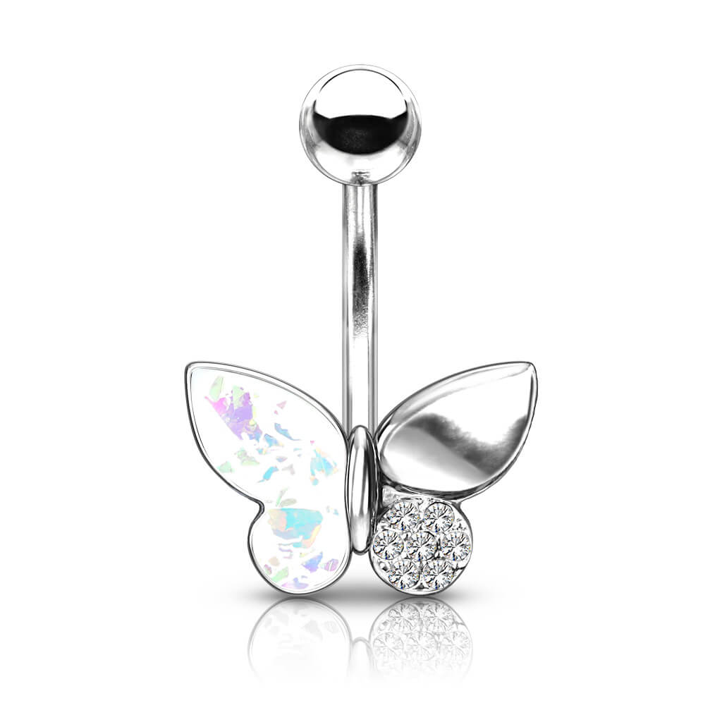 Belly Button Piercing Butterfly Zirconia Opal Silver