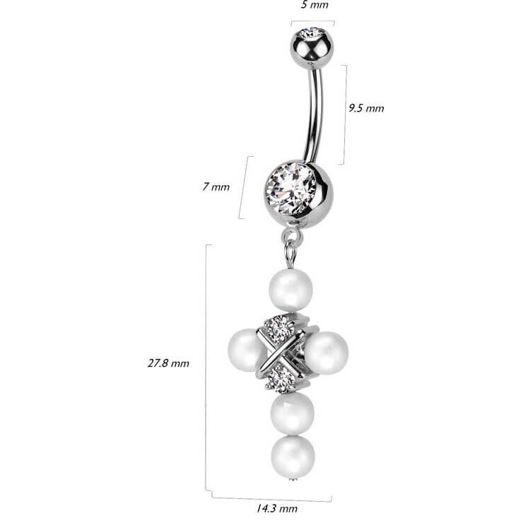 Belly Button Piercing cross dangle pearl zirconia