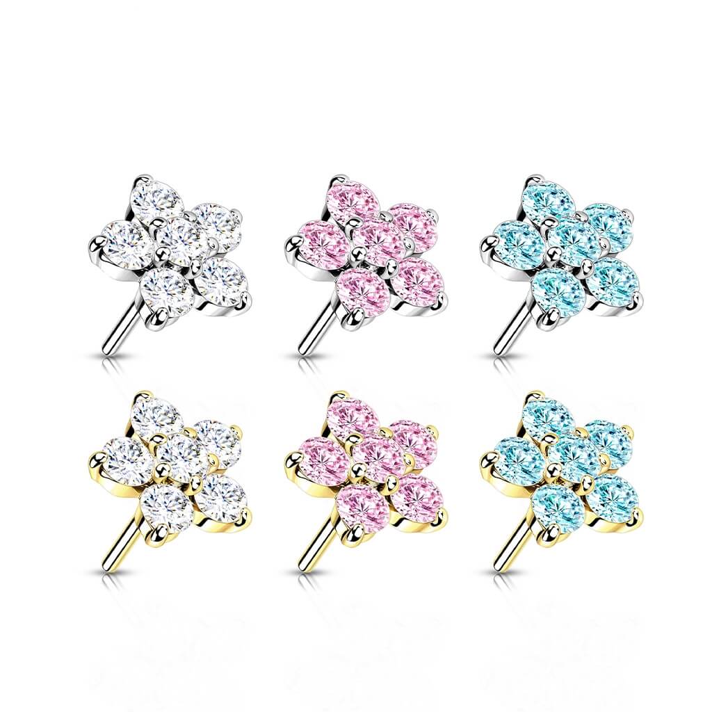 Solid Gold 14 Carat Top Flower Zirconia Push-In