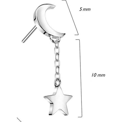 Solid Gold 14 Carat top moon star dangle Push-In