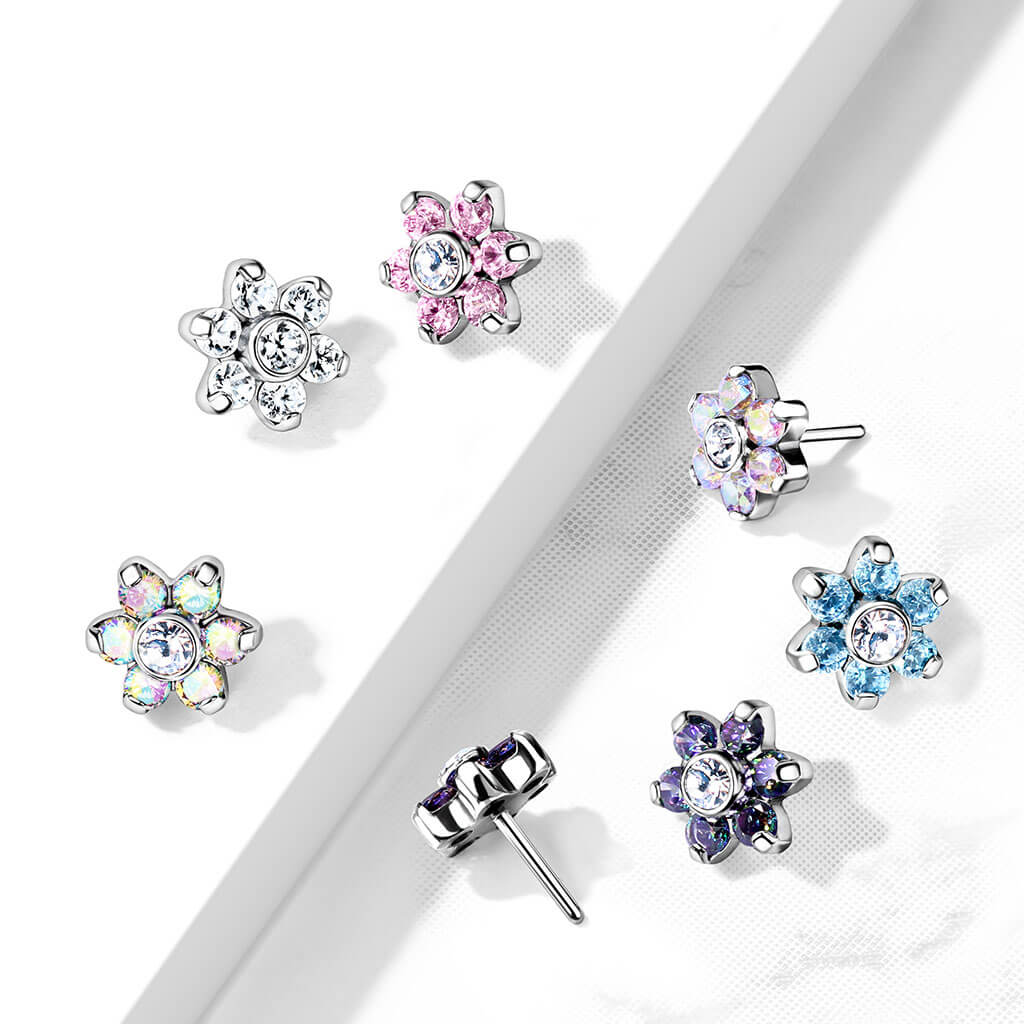 Titanium Top Flower Zirconia Silver Push-In