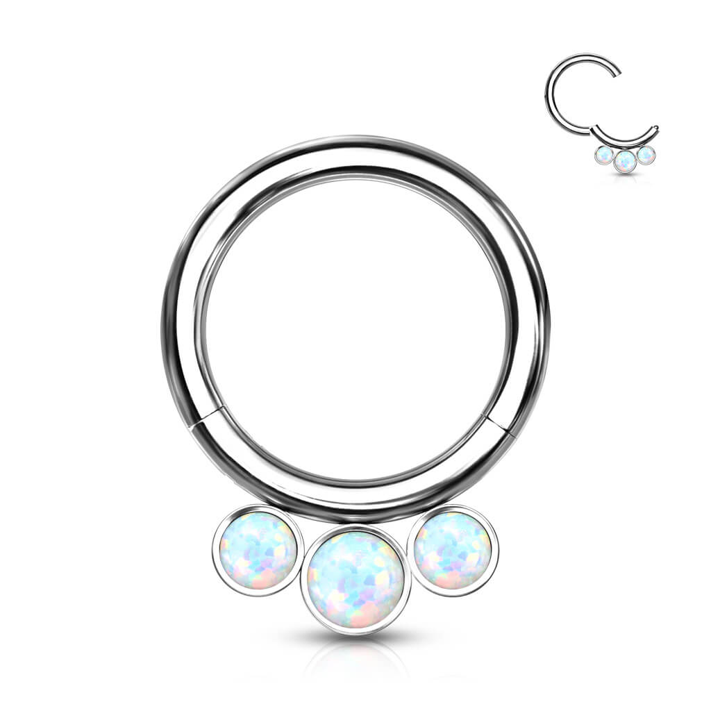 Titanio Anello Piercing Argento con 3 sfere di opale Clicker