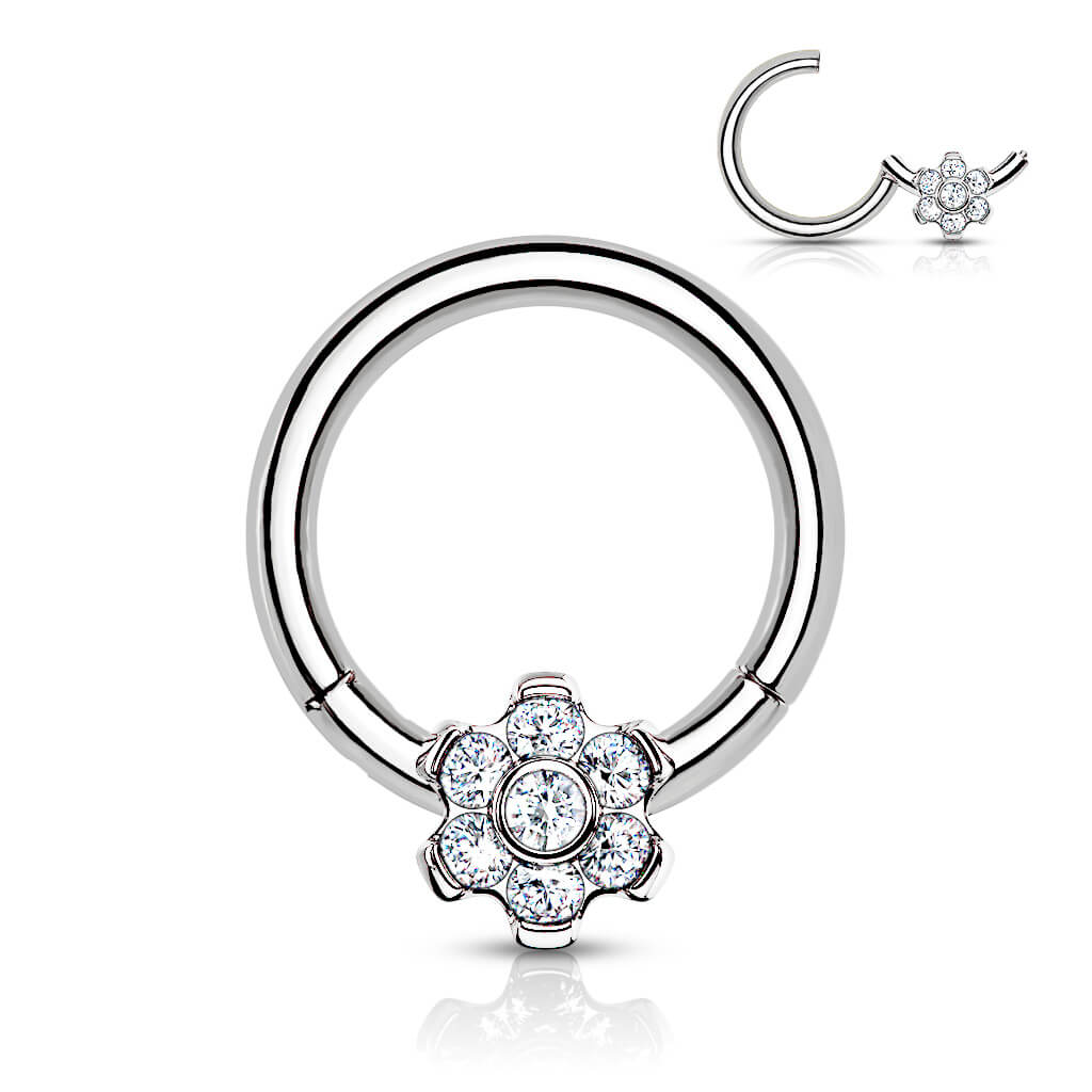 Titanio Anello Piercing Fiore di zirconi Clicker