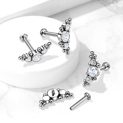 Titane Labret 3 Zircones Plates Argent Filetage Interne