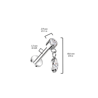 Titanium Labret Marquise Cut dangle Zirconia Internally Threaded