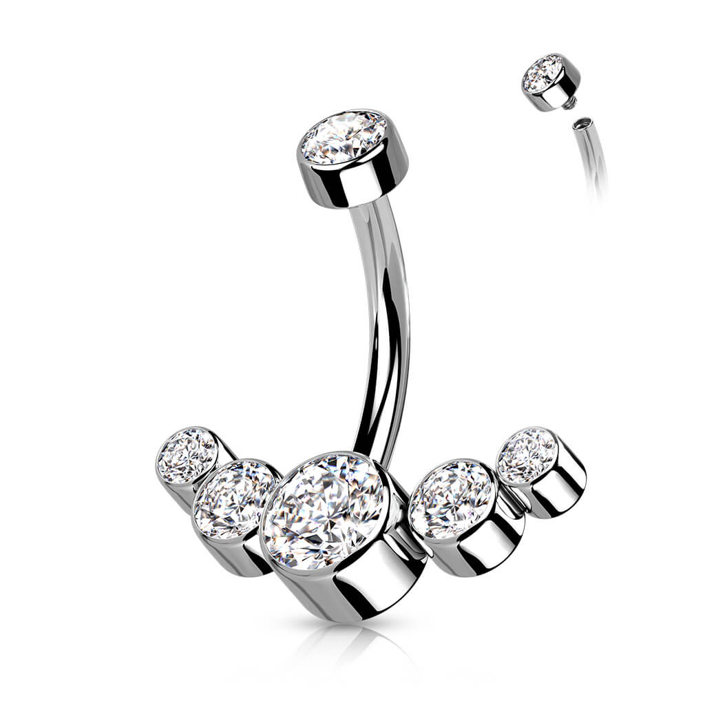 Titane Piercing Nombril 5 Zircones Argent Filetage Interne