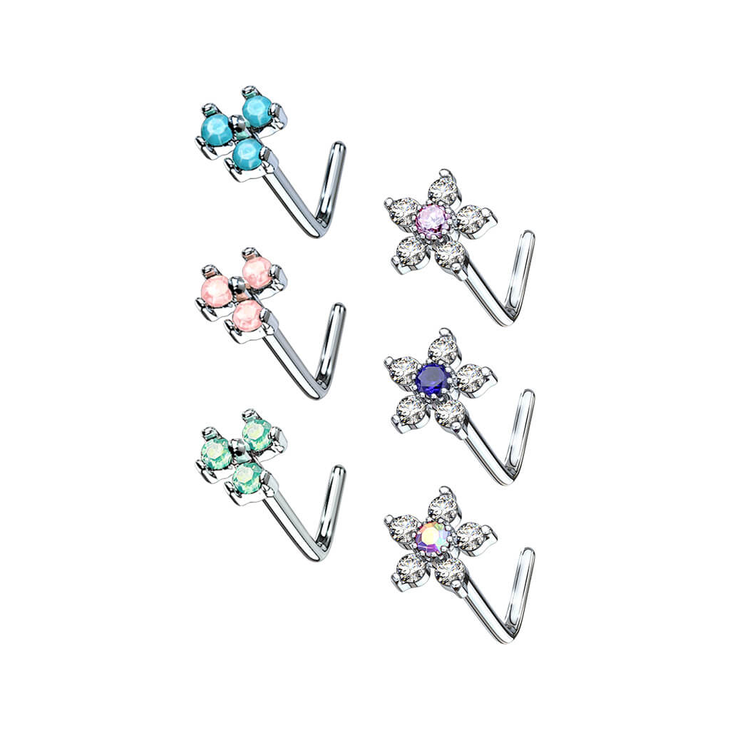 Nose L-Shape Flowers Zirconia Silver