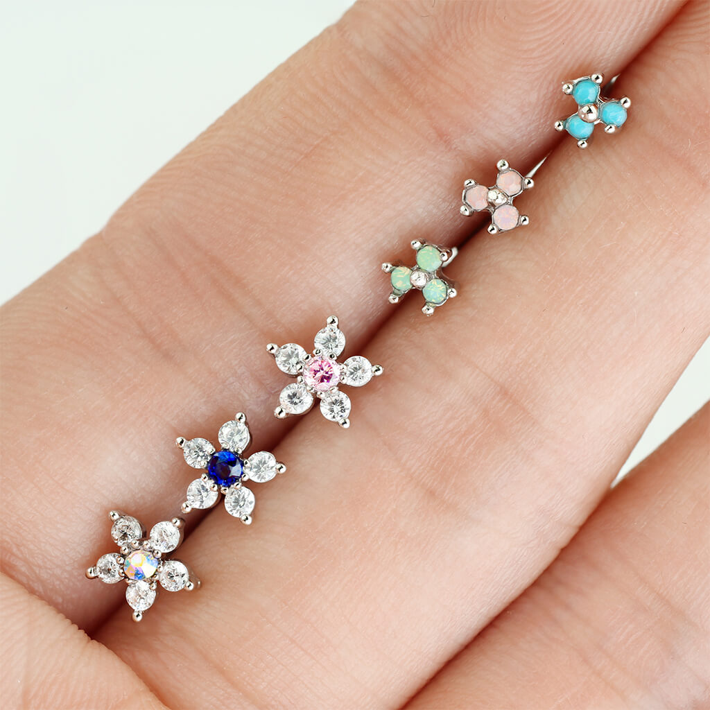 Nose L-Shape Flowers Zirconia Silver