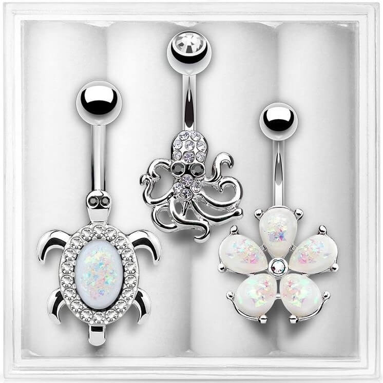 Bauchnabelpiercing Set Zirkonia Opal Siber