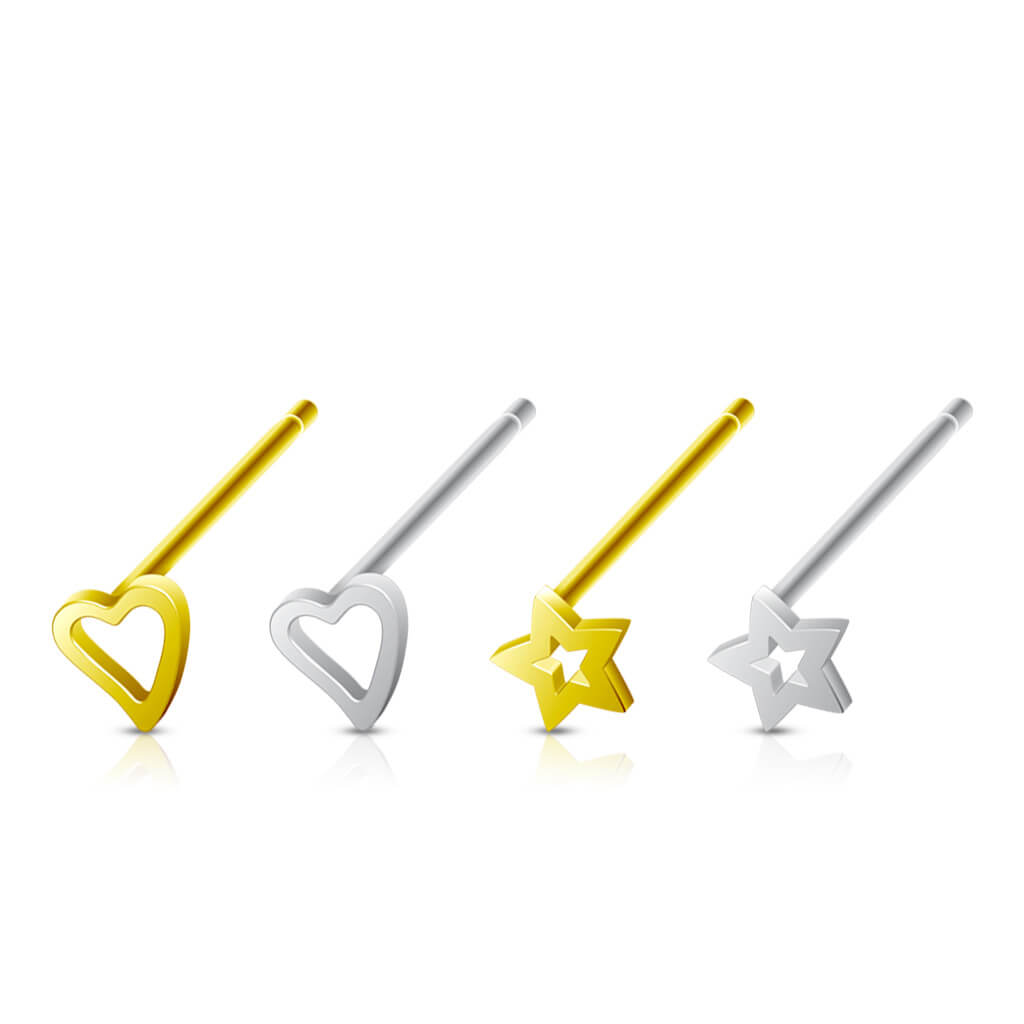 Plata 925 Nariz Stud Pack Corazón Estrella Plata Flexible