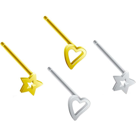 Plata 925 Nariz Stud Pack Corazón Estrella Plata Flexible