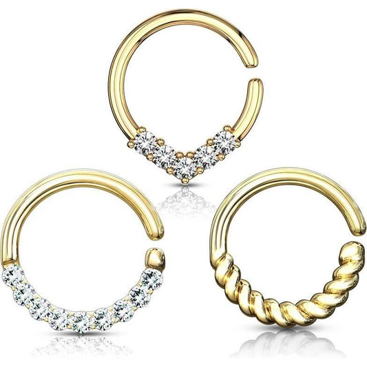 Septum Piercing Set Ring Zirconia Gold Bendable