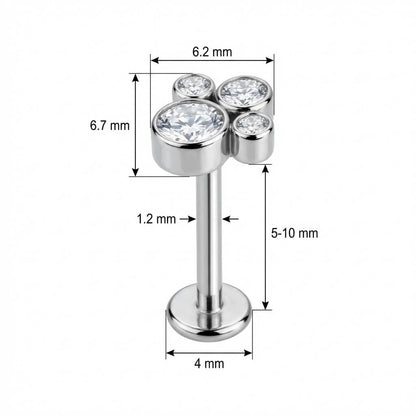 Titanium Labret Crystal Paw Print Cluster Internally Threaded