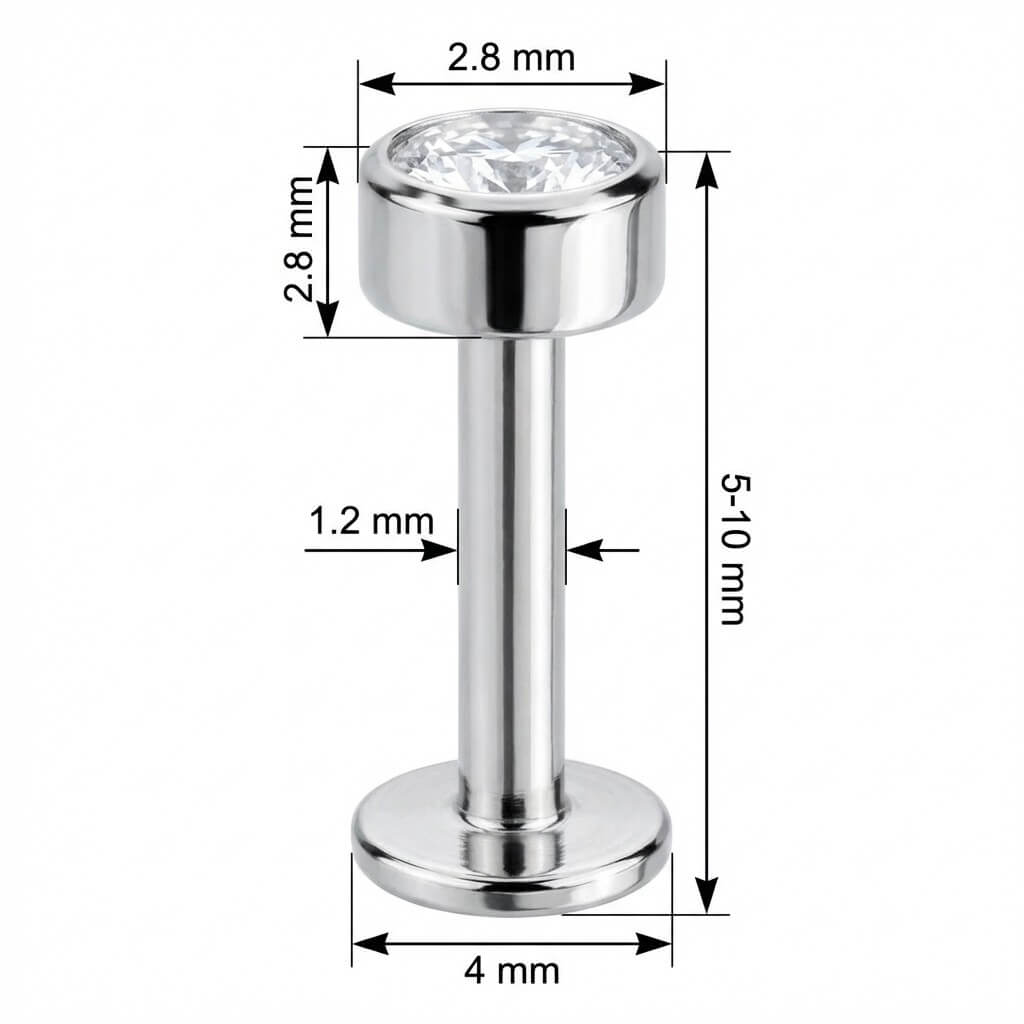 Titanium Labret Round Bezel Set Clear Crystal Internally Threaded