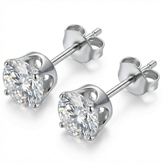 Titanium Earring Four Prong Round Clear Stone