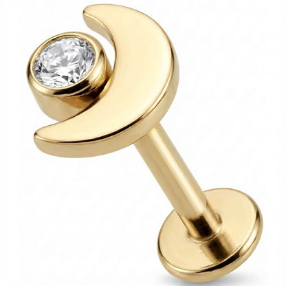 Titanium Labret Crescent Moon With Clear Crystal Internally Threaded