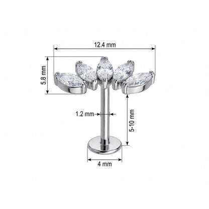 Titanium Labret Five Marquise Stone Curved Vine Internally Threaded